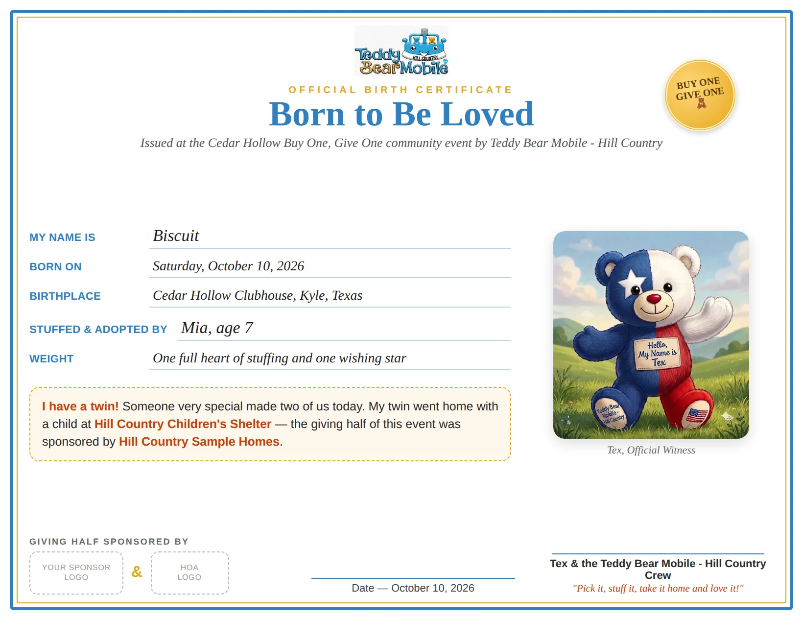 Sample sponsor-branded Buy One, Give One birth certificate